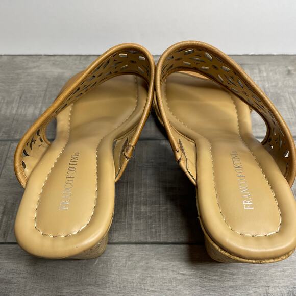 FRANCO FORTINI Leslie Tan Leather Cut out Stud Cork Wedge Heel Sandals Womens  7 - Picture 7 of 8